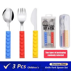 3pcs Stainless Steel Dinnerware Children Western Cutlery Set Knife Fork Spoon Dinner Tableware Silicone Building Blocks Handle