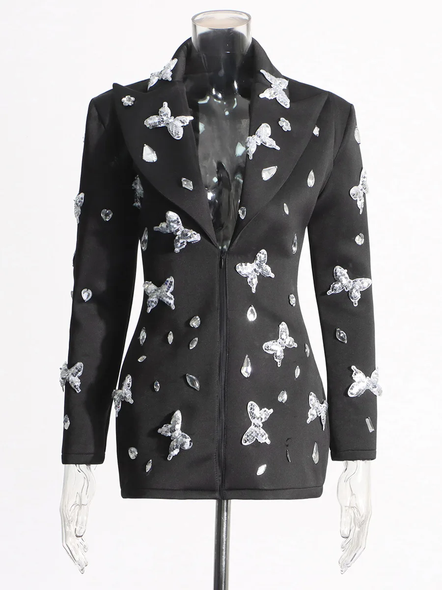 Giacca blazer con fiocco in paillettes lucury da donna GIOIO giacca blazer slim a vita lunga con risvolto moda outwear per donna