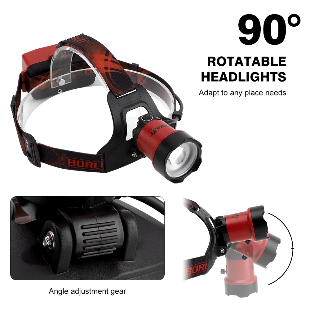 BORUiT B13 LED Headlamp 2000LM USB Rechargeable Zoom Headlight 4 Lighting Modes 18650 Head Torch Camping Fishing Lantern