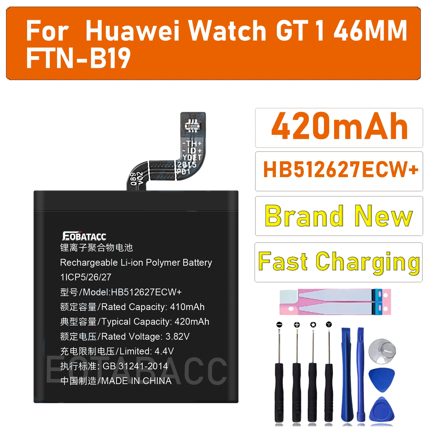 2026 YEARS HB512627ECW+ Battery for Huawei Watch GT 46MM FTN-B19 420mAh portablet Batteries Warranty + Track Code