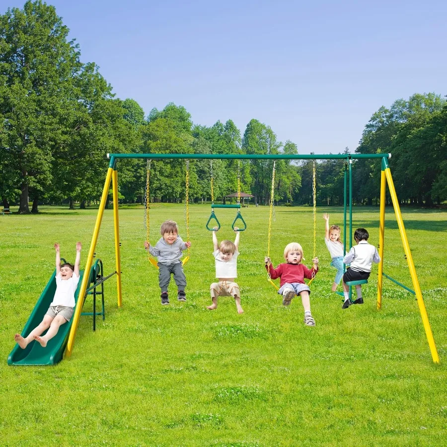 مجموعة أرجوحة معدنية شديدة التحمل 5 في 1 مع حزام أرجوحة شراعية وشريحة للاستخدام الخارجي وتصميم AFrame يدعم ما يصل إلى 500 رطل