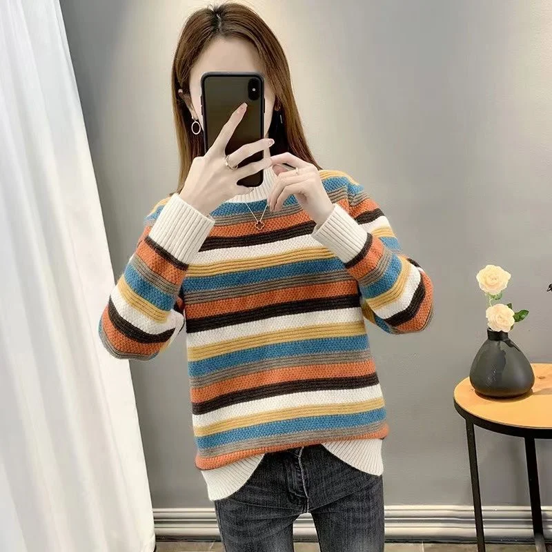 Pullover lavorato a maglia allentato femminile coreano autunno inverno donna maglione a righe a collo alto mezzo top maglione lavorato a maglia spesso moda donna