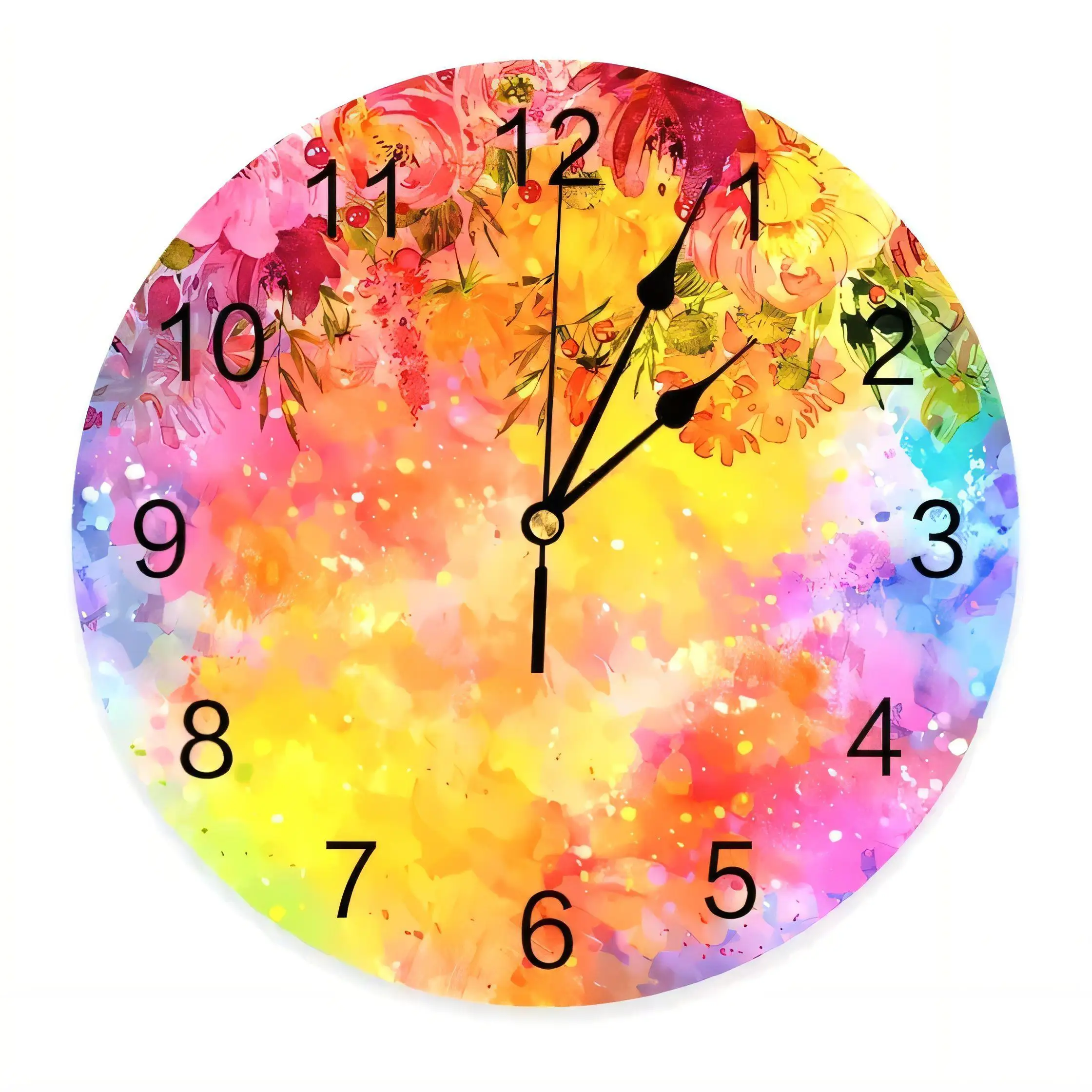 Modern Abstract Floral  Wall Clock Vibrant Watercolor Decorative Home Office Silent Non Ticking Battery Operated