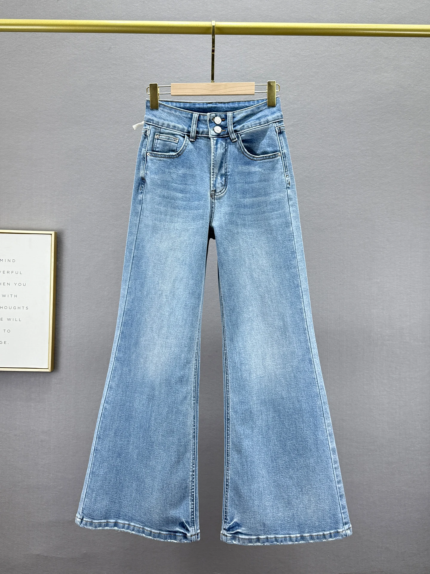 

Женские джинсы-клеш с высокой талией, утягивающие, модные, весенние, новые, эластичные, из денима, в стиле Гонконг, с эффектом потертости