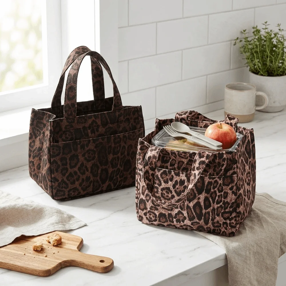 Vintage Leopard Print Leopard Print Lunch Bag Large Capacity Multi Pocket Tote Bag Lightweight Handheld Food Carrier Bag Office