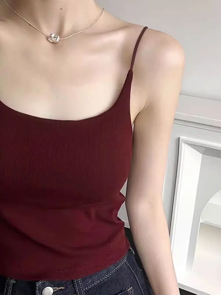 Ankela Red Spicy Girl  Strap Vest Women's Outerwear Beautiful Back Bra Integrated Bottoming Inner Match with Chest Pad Top