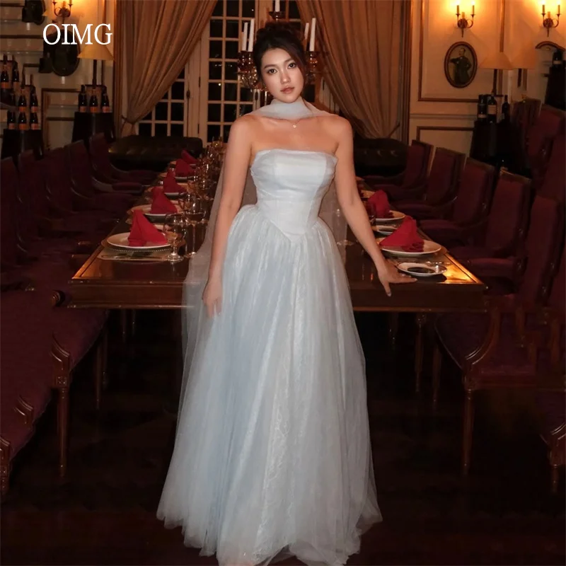 

OIMG Princess Strapless Sky Blue/Ivory A Line Prom Gowns Lace Backless Party Gown Floor Length Evening Dress 2026 Customized