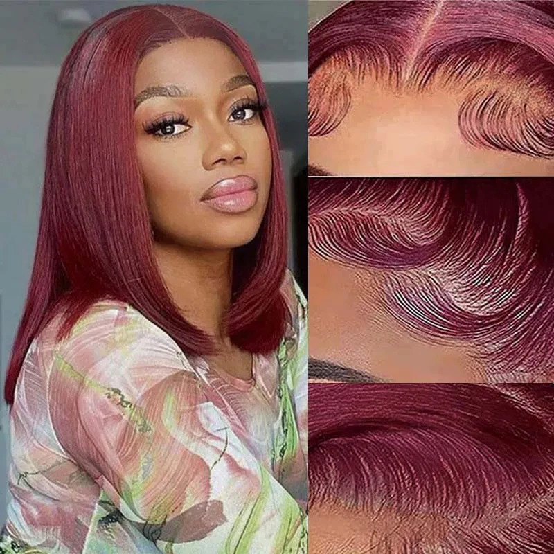 

Burgundy bob wigs Glueless 99J 6x6 HD Lace Front wigs human hair 180% Pre Plucked Straight short bob human Hair Wigs For Women