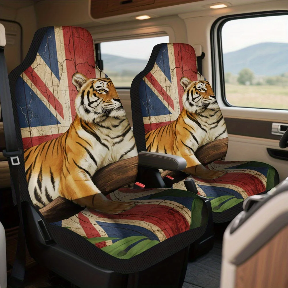 Set Of 2, Car Seat Covers Featuring A Tiger On The Union Flag – Trendy Complete Set For Two Front Seats, Universally Compatible