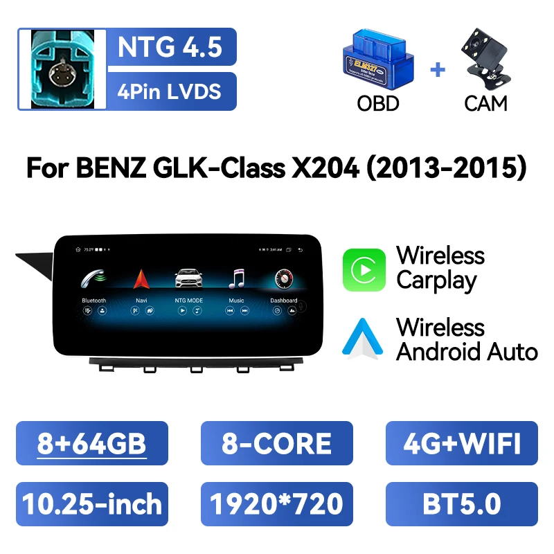 8-Core Android 14 autoradio voor Mercedes Benz GLK X204 2008-2015 8GB+128GB IPS draadloze CarPlay Android Auto 4G GPS multimedia