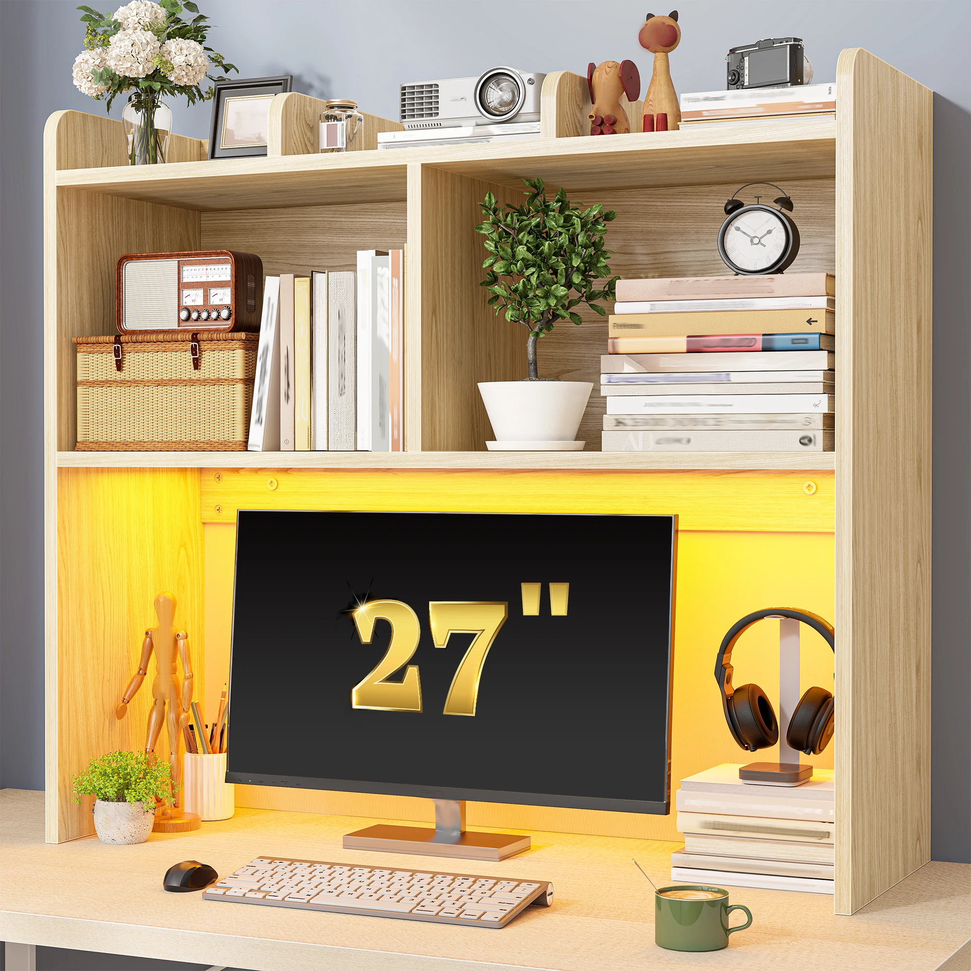 3 Tier Desk Hutch, 6 Shelves to Storage, LED Desktop Shelf Fits 27