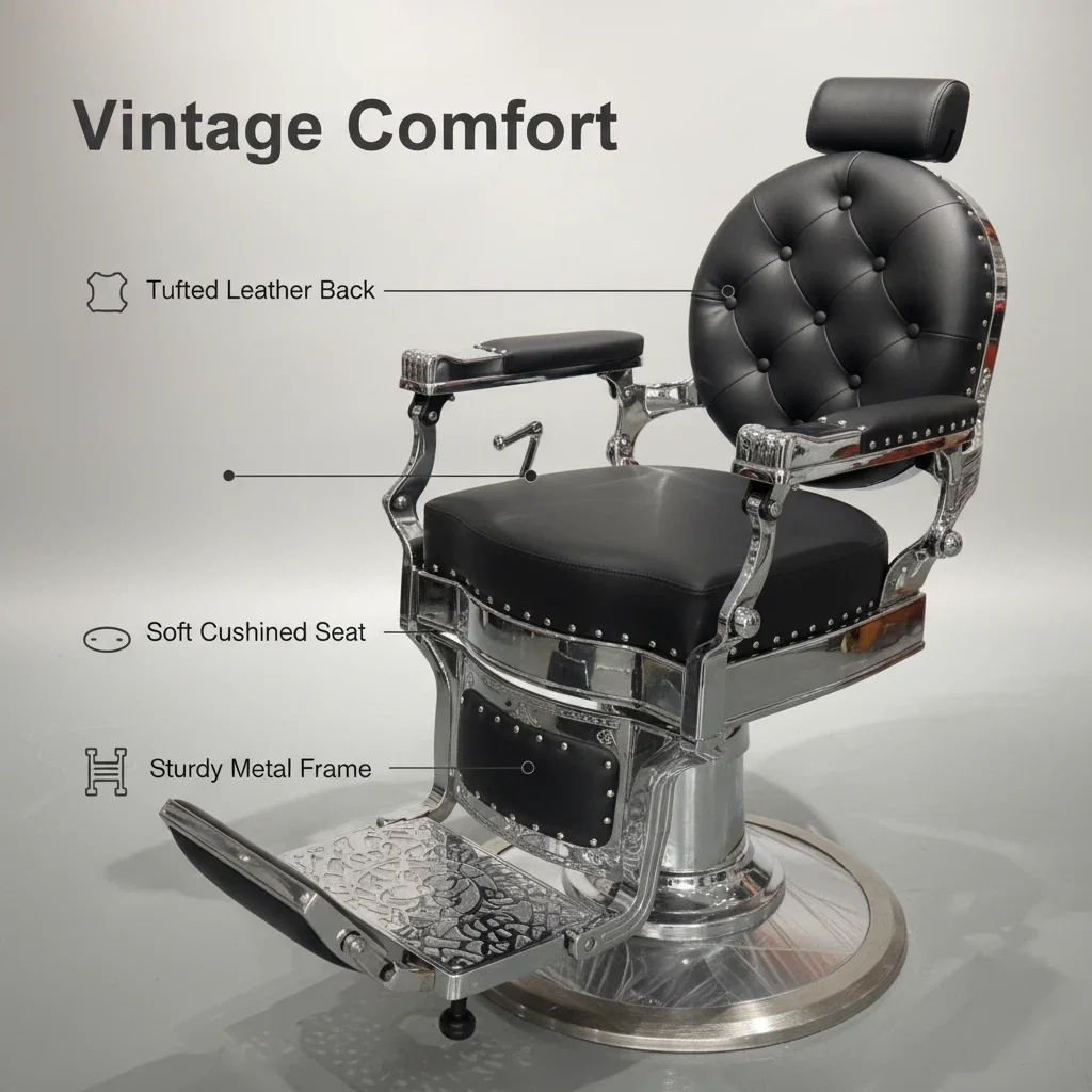 Classic Vintage Belmont Barber Chair in Aluminum Design with Hydraulic Pump Reclining Feature for Hair Salon