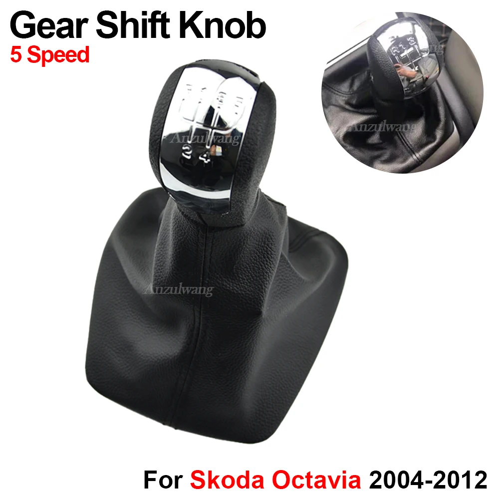 Car 5 Speed Gear Shift Knob For Skoda Octavia 2004 2005 2006 2007 2008 2009 2010 2011 2012 Auto Gear Shift Collars Leather Boot