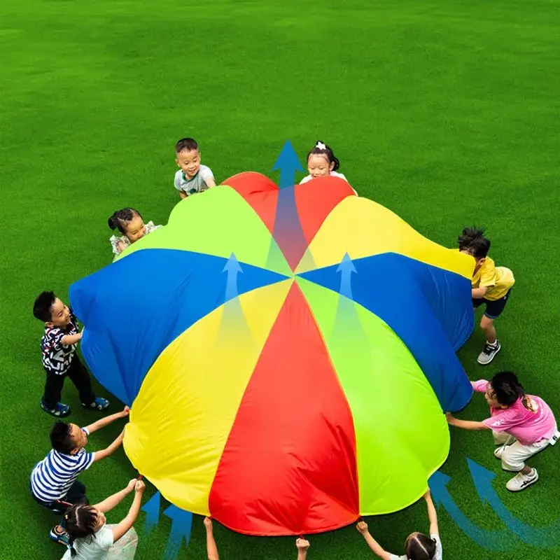 Juego de equipo al aire libre para niños de 2M de diámetro, juguete de paracaídas de arcoíris, bolsa para saltar, tapete que rebota, juego multijugador escolar