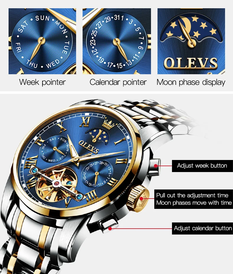 OLEVS Mens Automatic Watches Skeleton Tourbillon Mechanical Self Winding Luxury Dress Wrist Watch Waterproof Luminous Watch