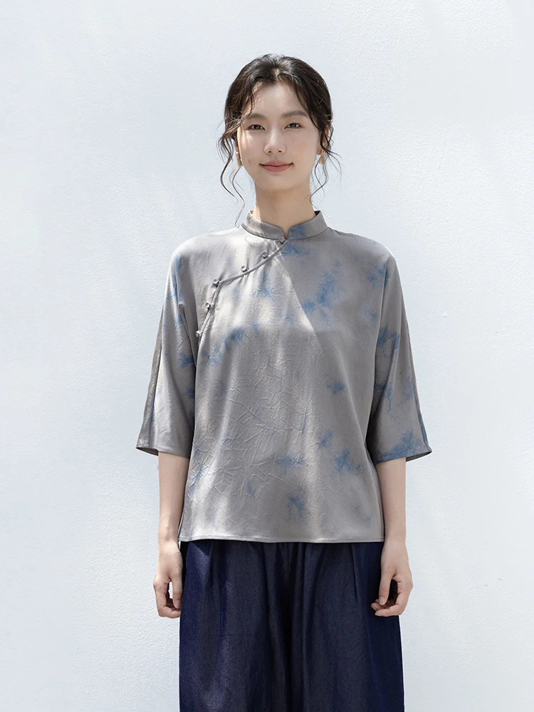 

New Le Collection Slim Fit Silk Tie Dye Light Blue Summer Top Chinese Sle Artistic Commute Faion Women's irt