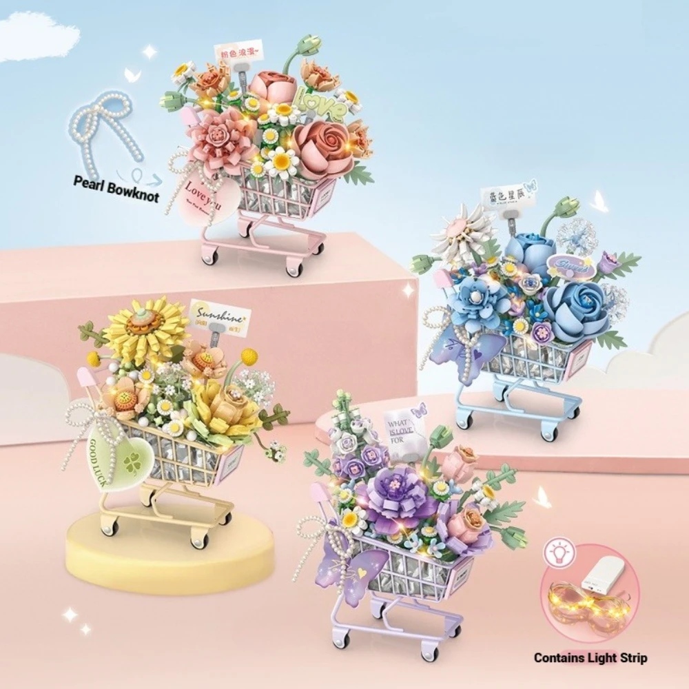 

MOC Artificial Cart Flower Gift Rose Basket Building Block Set Pink Romantic Eternal Plant Flower Idea Toy For Children Birthday