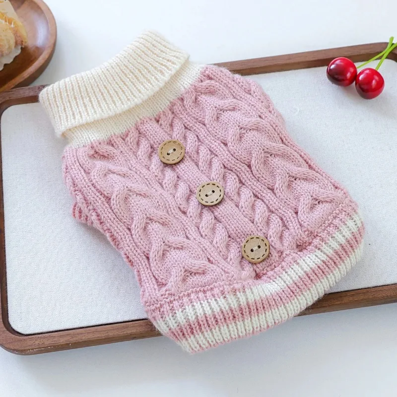 Button Sweater Powder Pet Dog Dog Clothes Autumn and Winter Warm and Comfortable Pullover