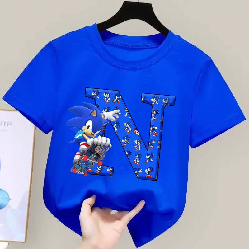 Camiseta de anime Sonics para niños, camiseta con letras de la A a la Z, ropa con cuello redondo, ropa de verano para niños y niñas, ropa nueva de manga corta para niños, regalo
