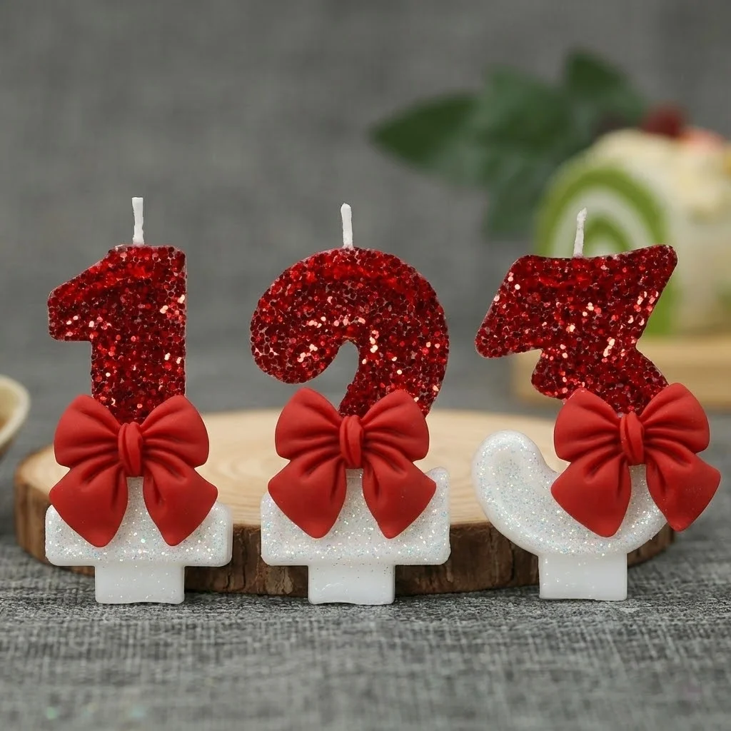 Red White Sequins Bow 0-9 Birthday Digital Candle - Creative Premium Cake Decoration