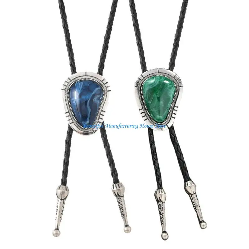 E56A Irregular Colored Stone Bolo Tie Braided Leather Adjustable Necktie Necklace