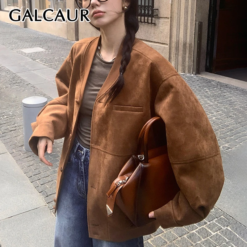 

GALCAUR Retro Soild Color High Street Coat For Women V Neck Long Sleeve Patchwork Single Breasted Jackets Female Winter Clothes