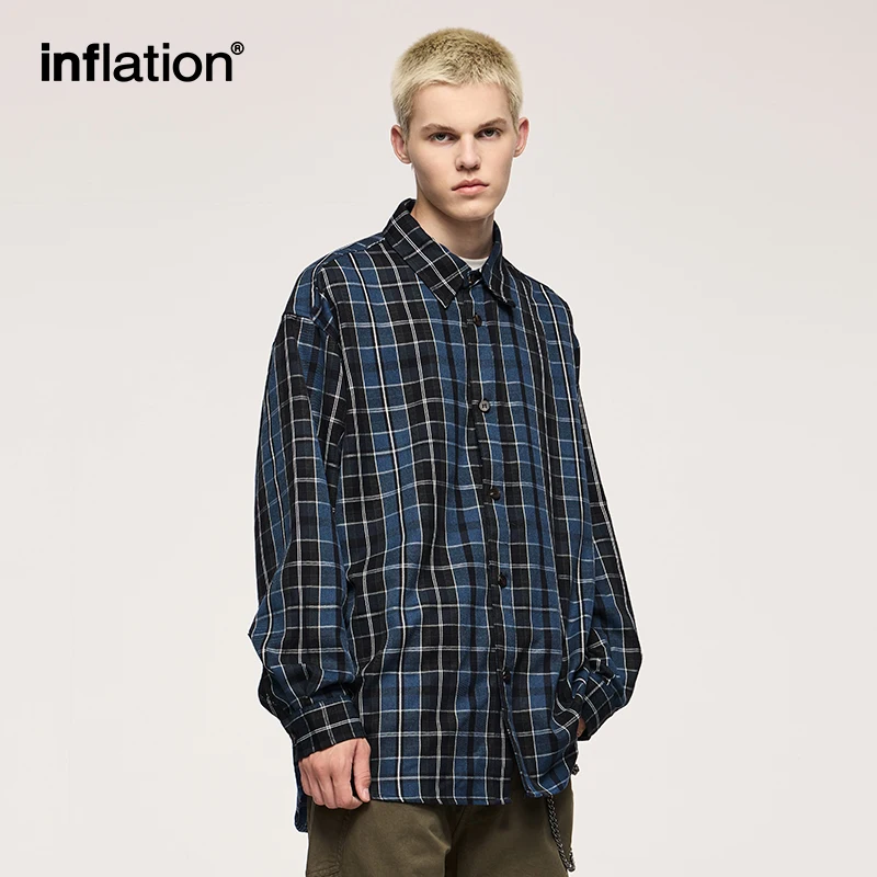 

INFLATION Unisex Classic Plaid Shirt American Oversized Casual Versatile Check Shirt for Men