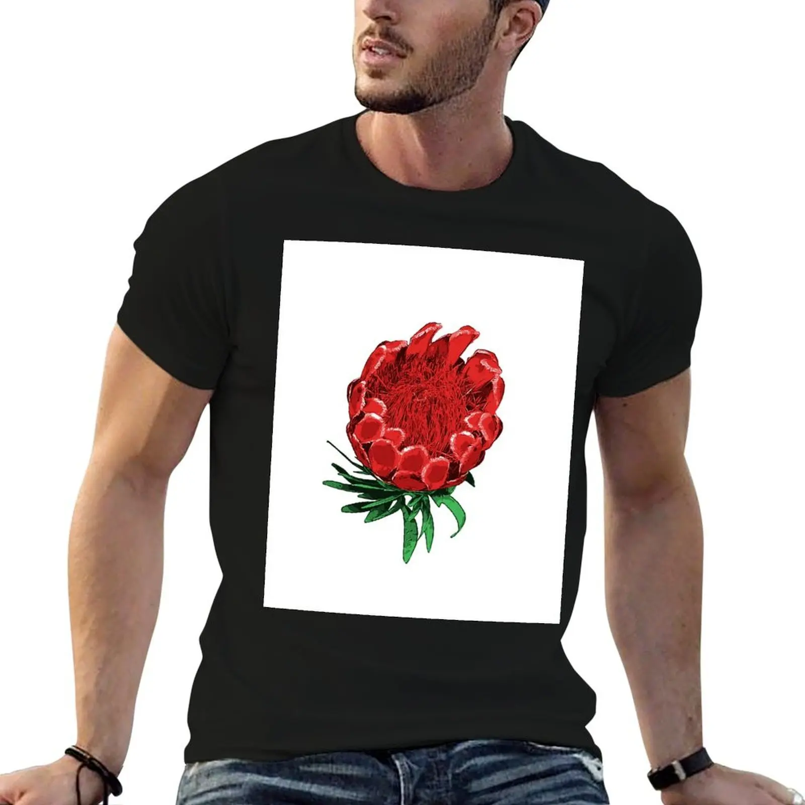 Beautiful Protea Illustration - Lovely Australian Native Flower T-Shirt Big Size Crew Neck T-Shirt