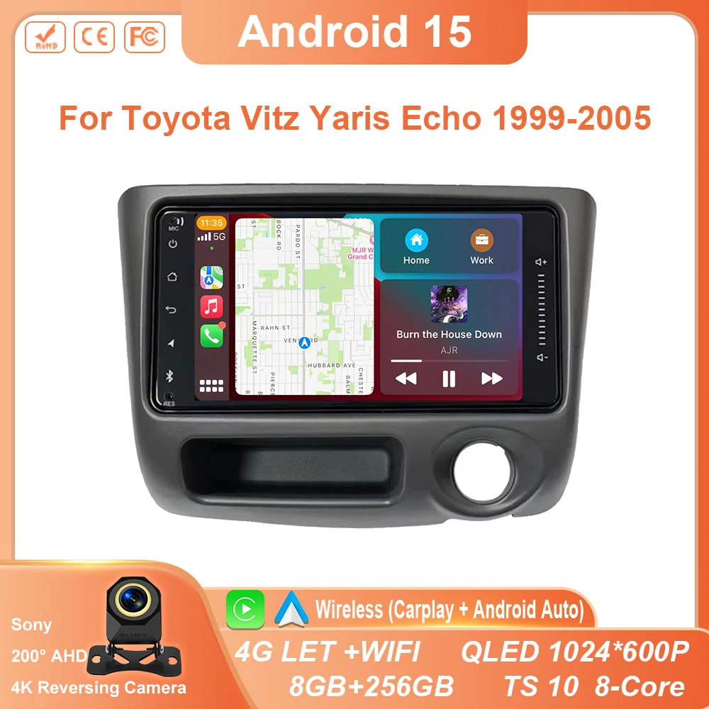 Android 15 For Toyota Vitz Yaris Echo 1999-2005 Carplay Auto Car Radio Multimedia Video Player Navigation GPS No 2Din 2 Din DVD