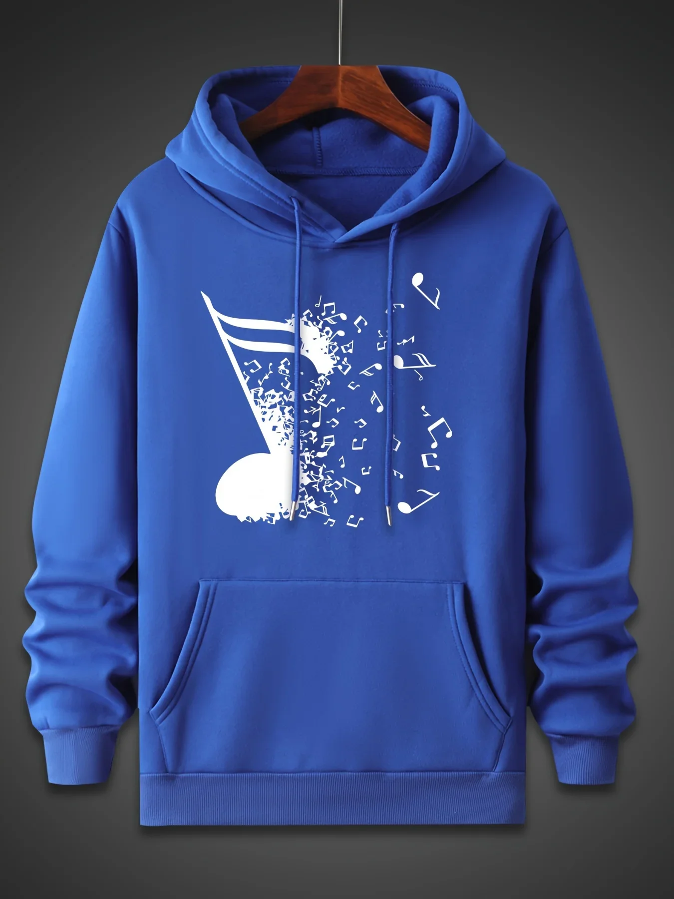 Men Hip‑hop Shattered Music Note Front Print Hoodie Disintegration Melody Art Graphic Loose Winter Fleece Hooded Sweatshirt