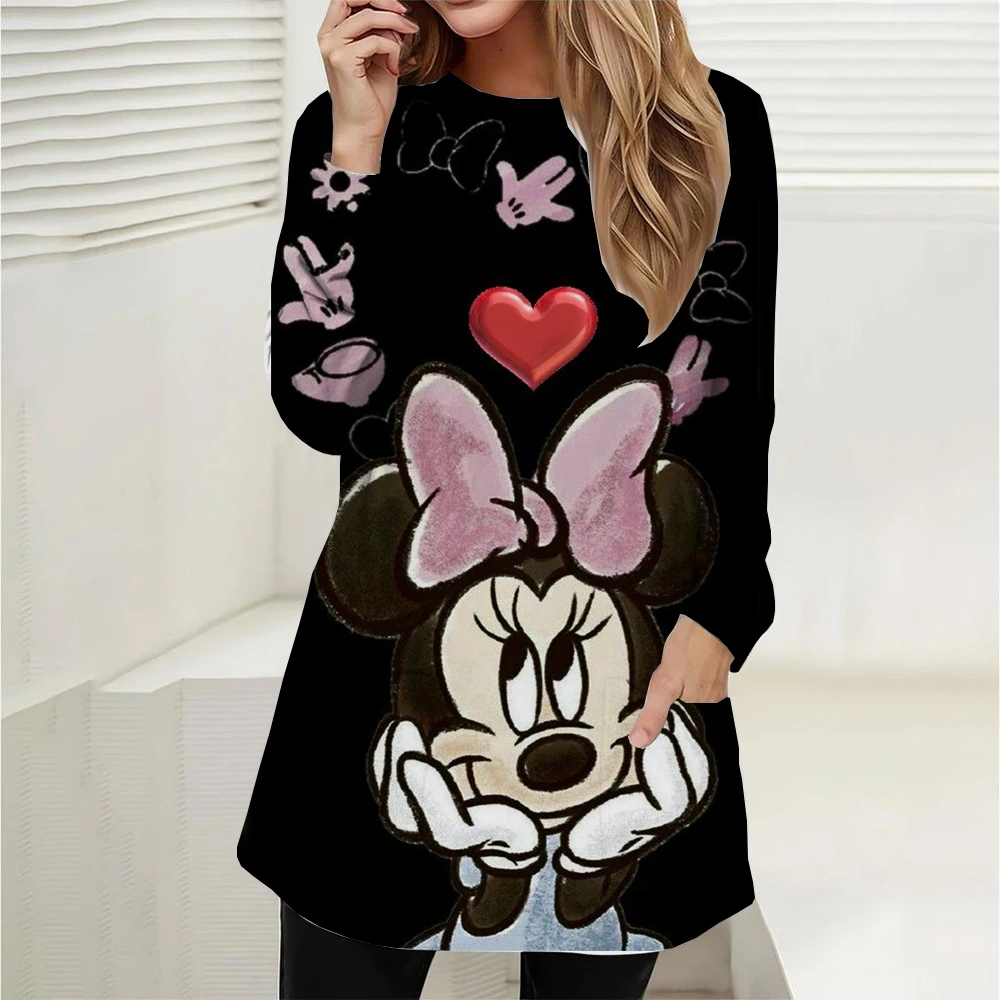 New Large Women's Long Sleeve Pocket Round Neck Waist Top T-shirt Disney Mickey Mouse Loose Casual Fashion Loose Women's Shirt