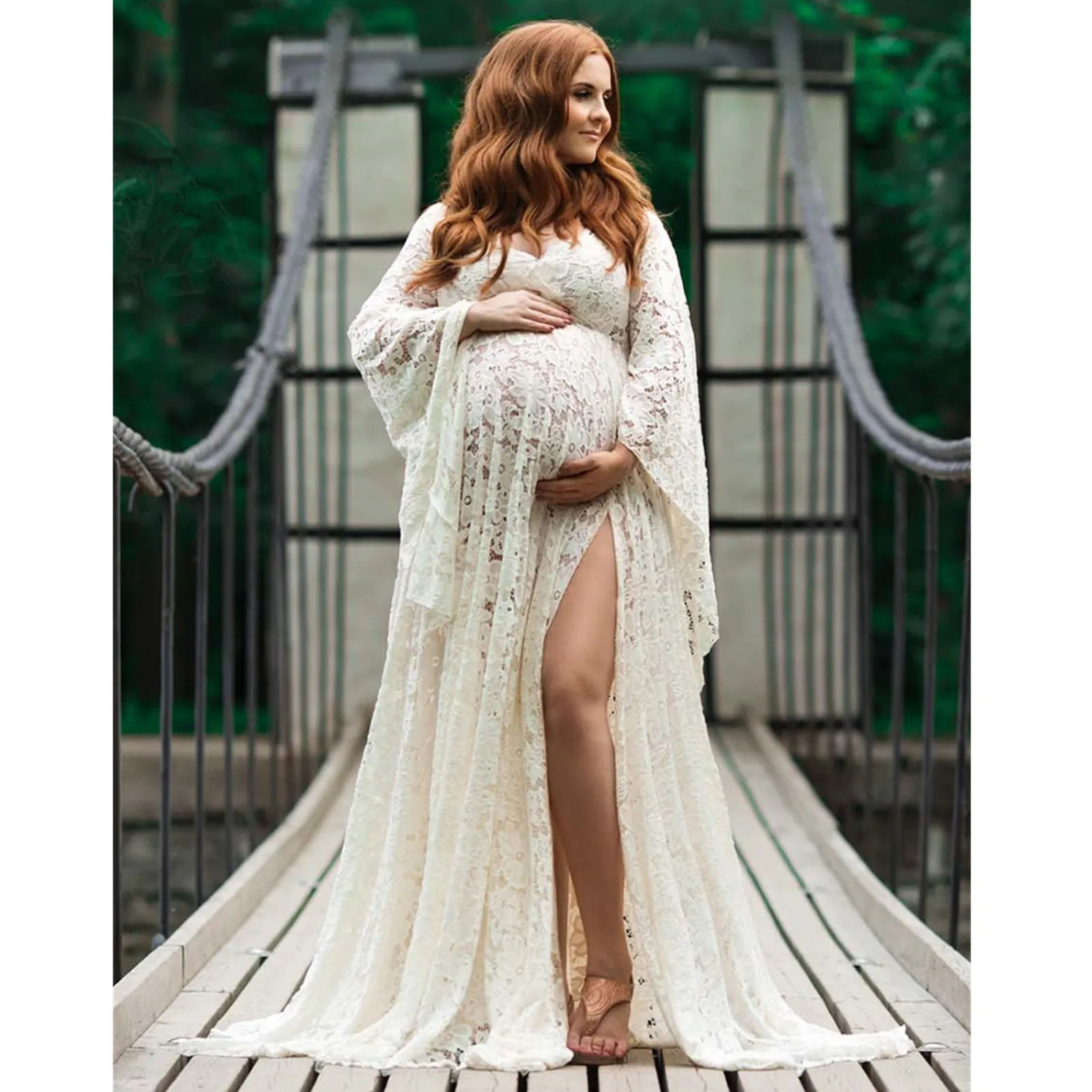 

Lace Baby Shower Dress Puffy Ruffles Maternity Dress Robes Long V Neck Pregnancy Gowns for Photoshoot