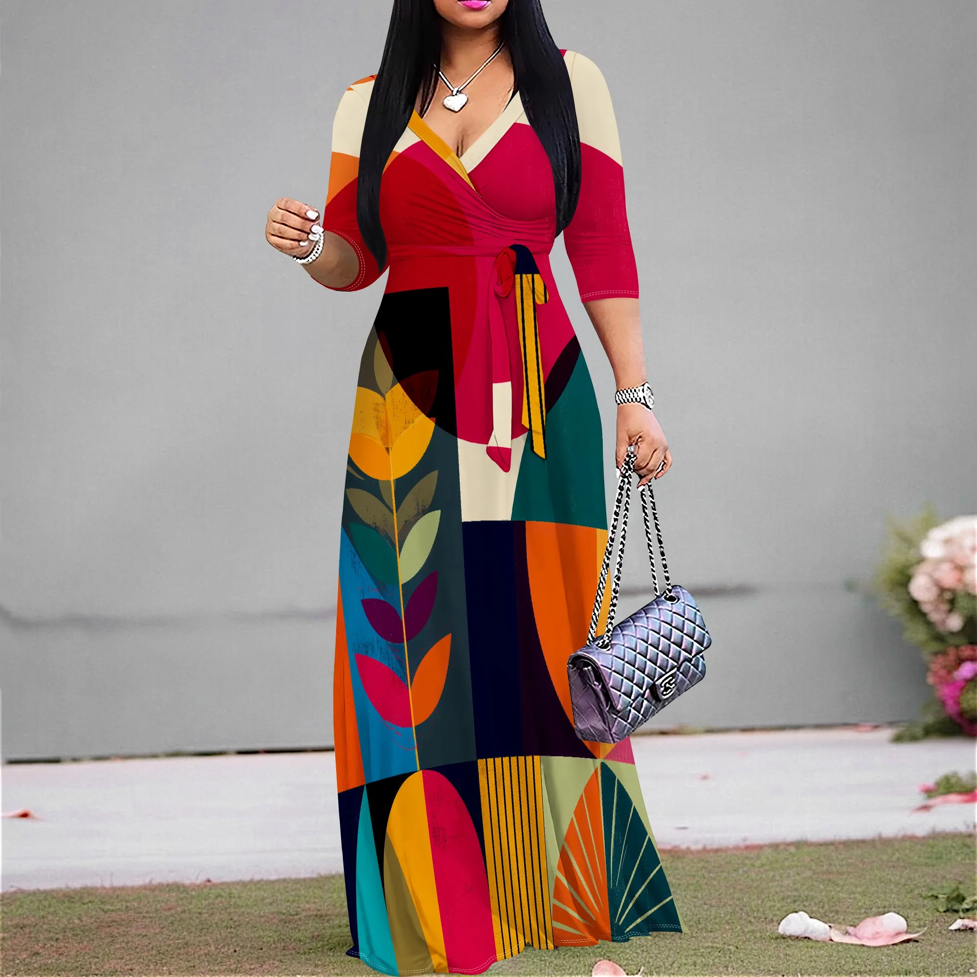 

Colorblock Geometric Maxi Dress S-3XL V-Neck Wrap Style with Belt & 3/4 Sleeves for Art Show, Fall Festival or Cultural Event