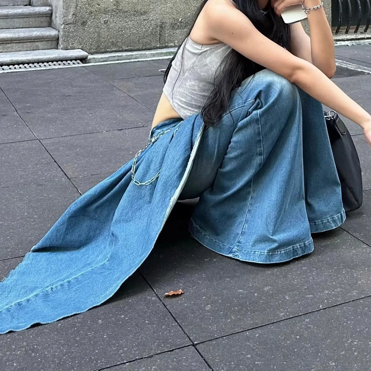 

Women's Vintage Washed Patchwork Flared Jeans 2025 Autumn Winter New Design Fake Two-Piece Look Casual Flared Pants