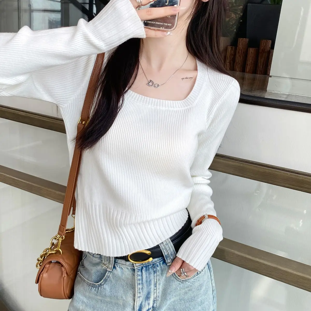 2023 Autumn Wnter Clothes Women\'s Sweater Square Collar Female New Knit Crop Pullover Korea Fashion Long Sleeve Top Woman Jumper