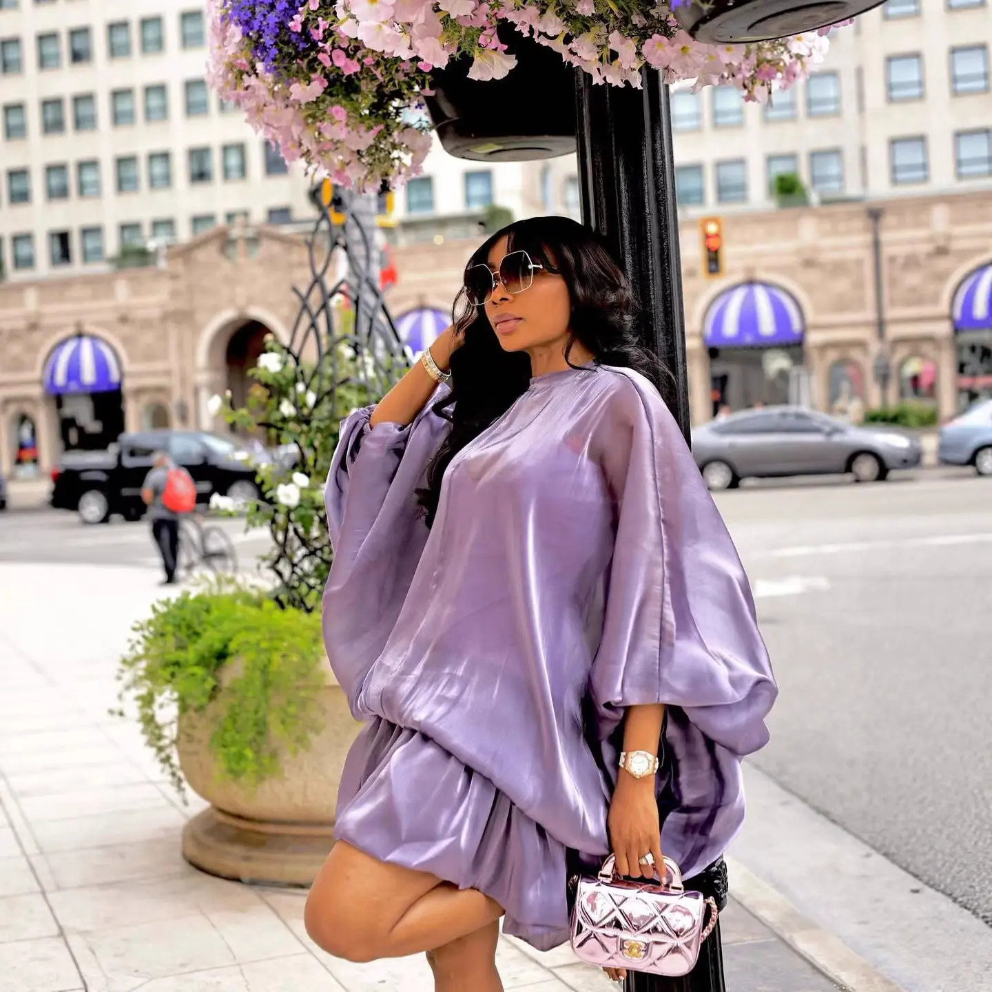 Women Organza Oversized Mini Party Dress Mock Neck Balloon Lantern Sleeve Bubble Hem Loose Chic Streetwear Cocktail Club Dresses