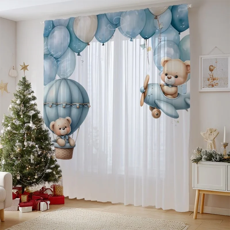 2PCS Digital Printed Sheer Curtain, Little Bear Flying Sky, Cute Whimsical Dreamy Animal for Living Room Bedroom Home Decor