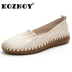 Koznoy 3cm Cow Genuine Leather Comfy Luxury Oxfords Summer Ladies Soft Soled Moccasin Shallow Flats Ethnic Woman Point Toe Shoes