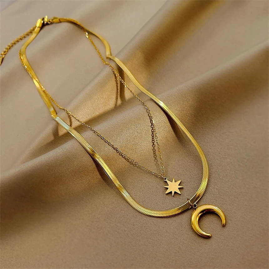 316L Stainless Steel Snake Bone Double Layer Chain Moon Star Pendant Necklace For Women Fashion Fine Jewelry Party Gifts N812