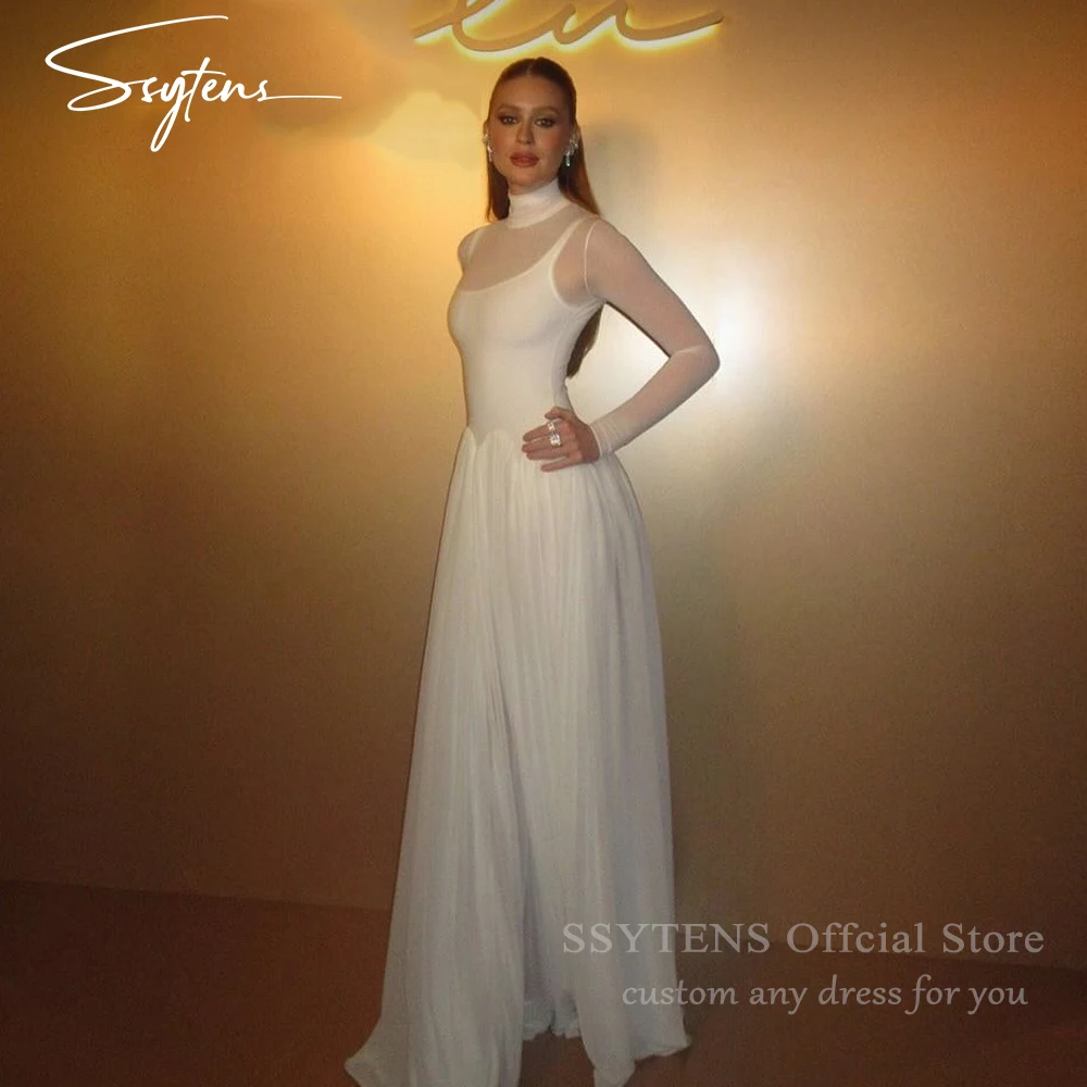 

SSYTENS Elegant Long Wedding Dresses High Collar A-Line Simlpe Prom Dresses Formal Full Sleeves Illusion Bridal Gowns Customized