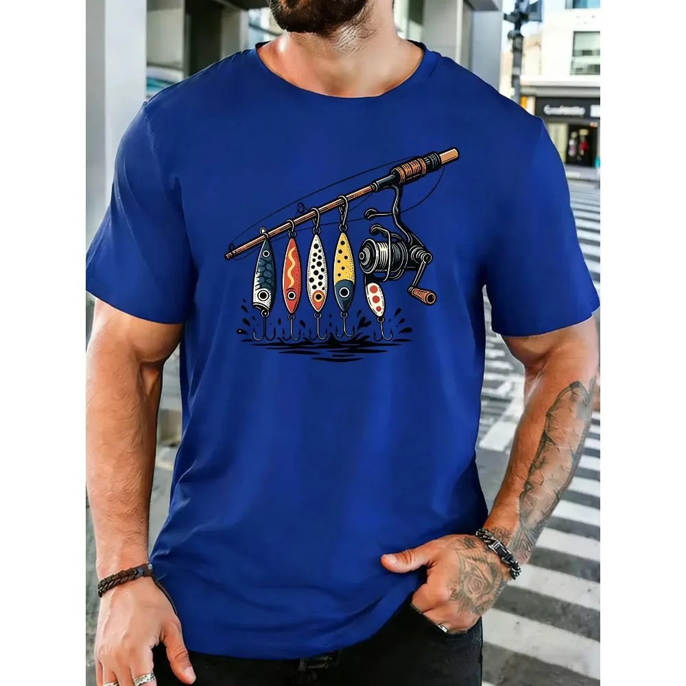 Vintage Fishing Rod Lures Reel Graphic Mens Soft Cotton Short Sleeve Tshirt Loose Outdoor Angler Casual Breathable Fashion Tee