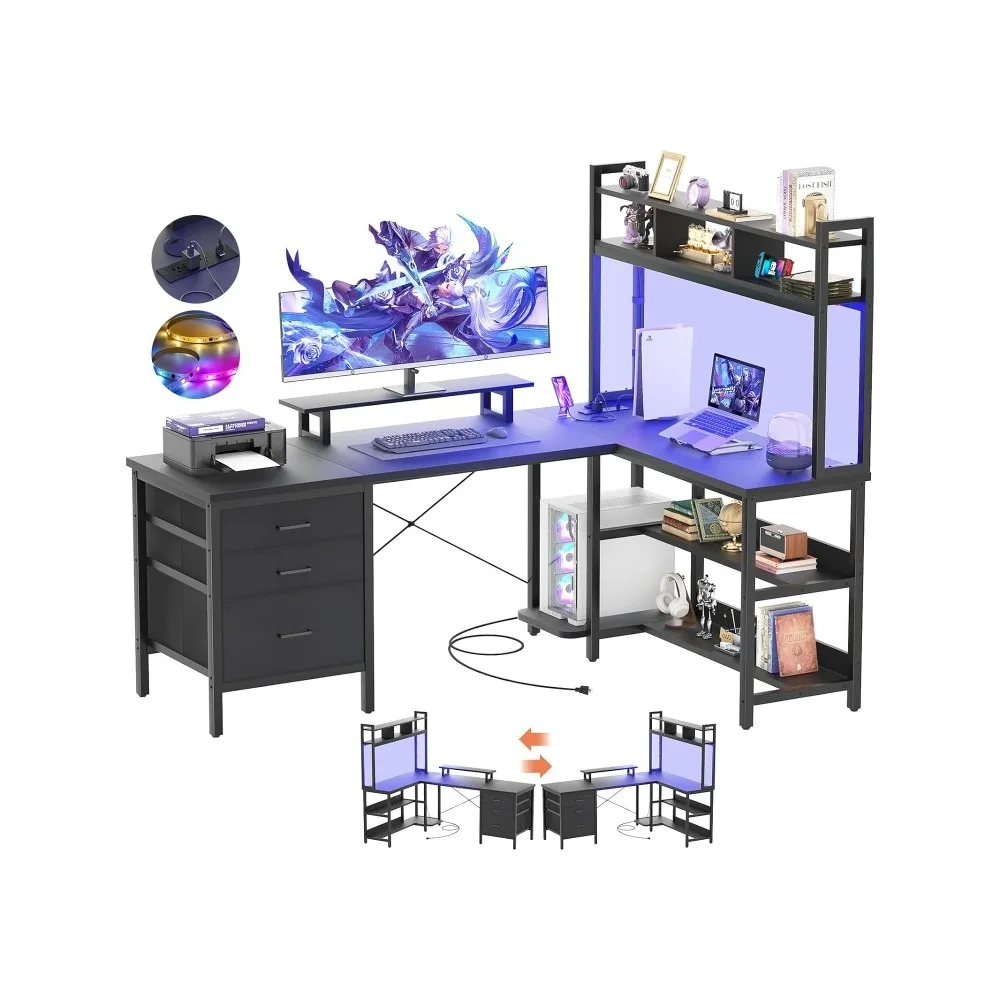 

L Shaped Desk with Hutch, Gaming Desk with Led Lights, Reversible Computer Desk with Power Outlet