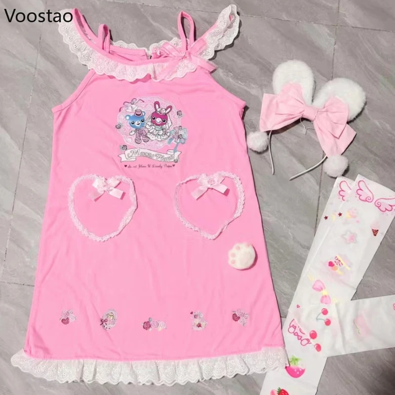 Sweet Lolita Style Dress Women Kawaii Bow Cartoon Bunny Bear Print Princess Party Mini Dresses Japanese Girls Harajuku Y2k Dress