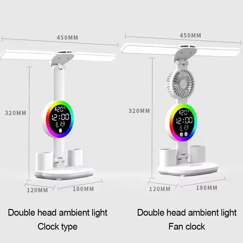 مصباح مكتب LED قابل لإعادة الشحن لمصباح مكتب الدراسة، مصباح القراءة، ضوء ليلي LED مع مروحة، مصباح مكتبي للقراءة على مدار الساعة LED
