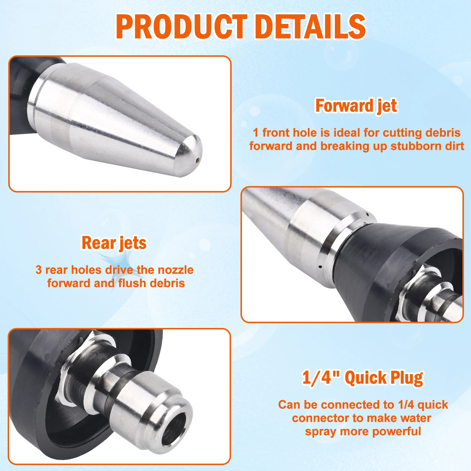 BEAR FORCE Pressure Washer Stainless Steel Sewer Jetter Nozzle, Durable Design Sewer Jet Nozzle, with 1/4'' Quick Connector