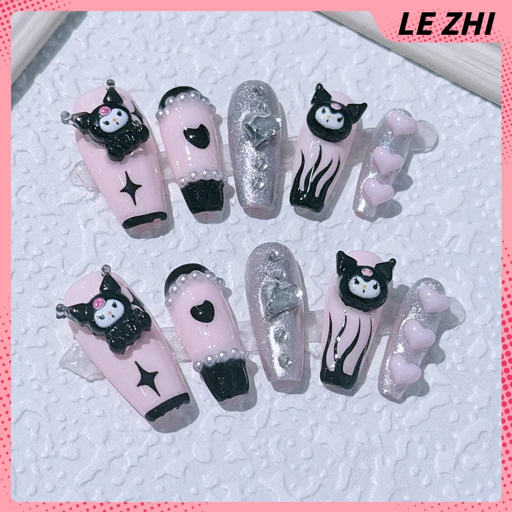 10Pcs Handmade Hello Kitty False Nails Cute Cartoon Girls Halloween Series Product Wearable Nails with Accessories Party Sticker