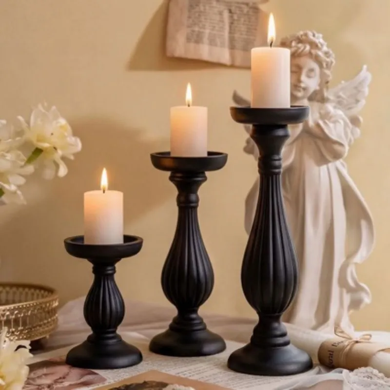 Vintage Black American Style Wooden Candle Holder, Rustic Home & Guesthouse Decor, Aesthetic Photo Prop for Instagram Shooting