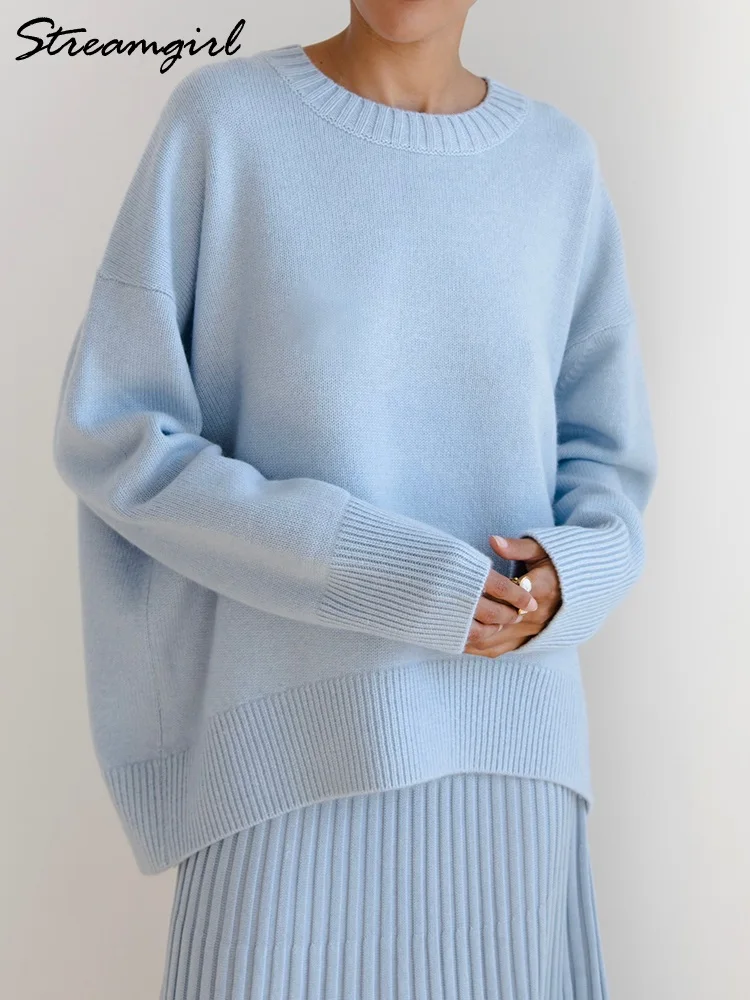 Light Blue Oversized Sweaters For Women 2024 Trend White Loose Sweater Casual Autumn Winter Warm Thick Knit Sweater Women Jumper