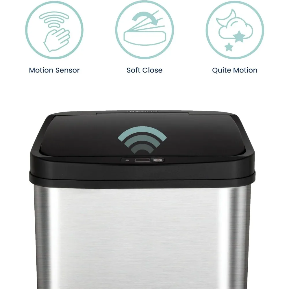 Automatic Touchless Infrared Motion Sensor Trash Can, 13 Gal Stainless Steel with Black Lid
