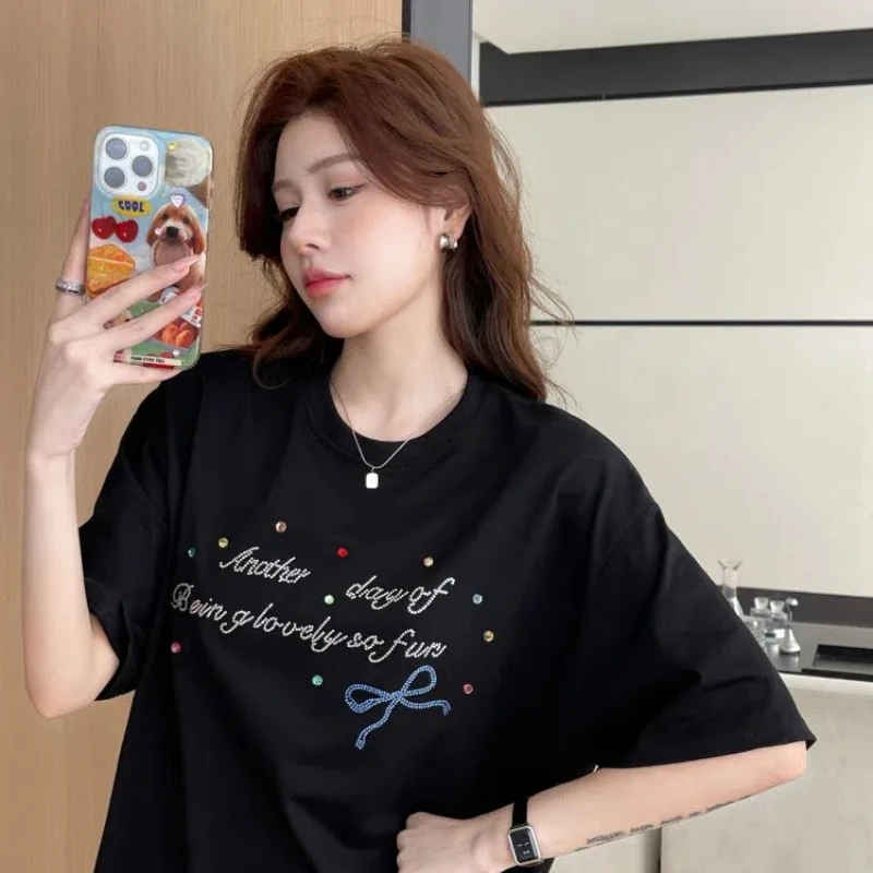 Summer Women's Dresses Woman for 2025 New Loose Patchwork T-Shirt Dress Heavy Diamond Short Sleeve Female Clothing KE6673